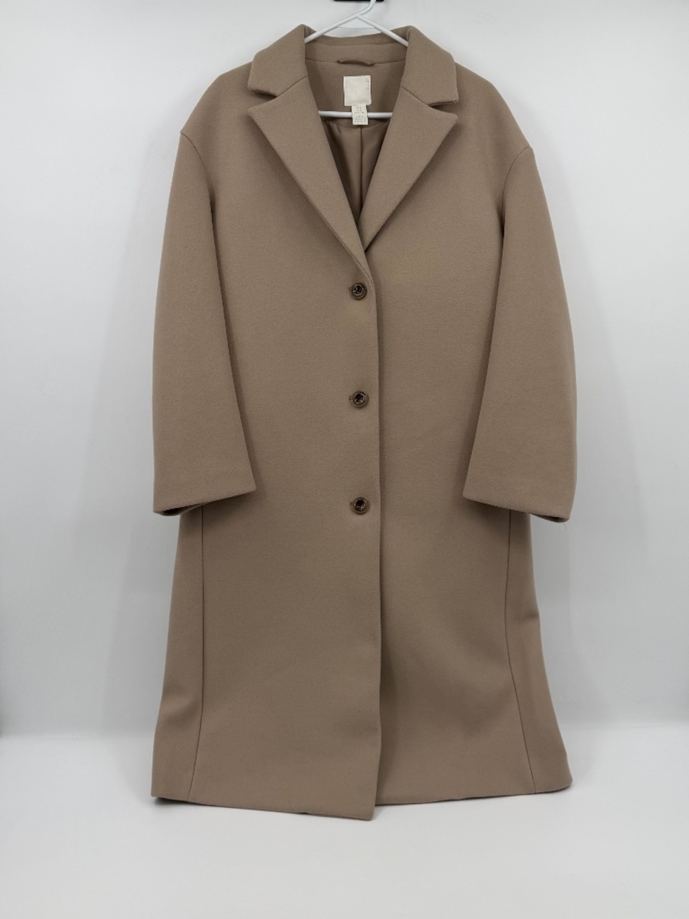 H M Coat Women Medium Beige Tan Single Breasted Oversized Neutral Pockets